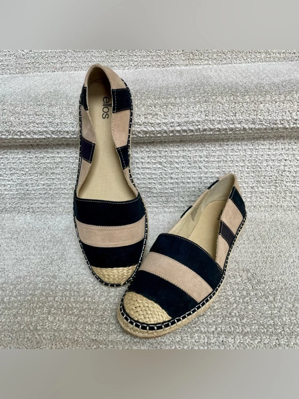 Ellos Women's 11M Faux Black Tan Suede Jute Espadrille Flats Shoes Summer Travel